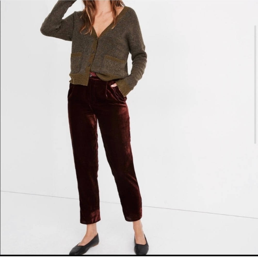 Madewell Wine Red Velvet Pleated Cropped Length Pants Size M